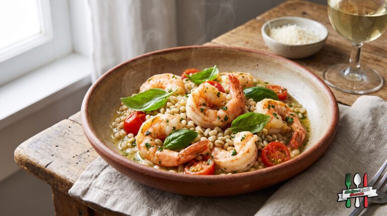 Scampi con orzo al basilico